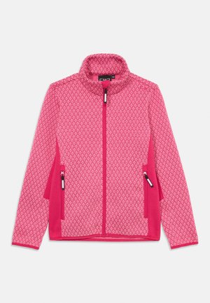 Rosa stickad fleecejacka med full frontdragkedja, mönstrad textur, två sidofickor med dragkedja och ståkrage.