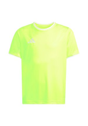 Neon geel sportief T-shirt met korte mouwen, ronde hals en een klein wit logo op de linkerborst.