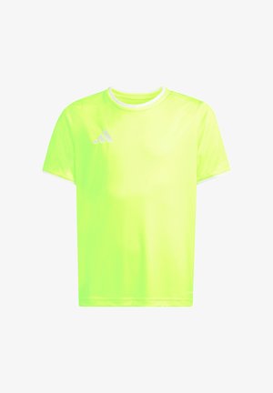 Camiseta deportiva de manga corta en amarillo neón con cuello redondo y pequeño logo blanco en el lado izquierdo del pecho.