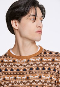 Brauner Strickpullover mit weißen und marineblauen Rehen, Bäumen und geometrischen Mustern. Hat einen gerippten Rundhalsausschnitt und eine glatte Textur.