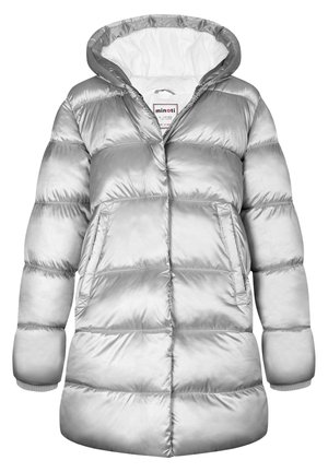 Manteau d'hiver matelassé argenté avec capuche, poches avant et fermeture éclair, conçu pour les enfants de 3 à 10 ans.