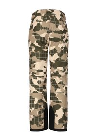 Camouflage skibroek in tinten groen en beige, met een rasterpatroon, afgewerkt met zwarte accenten bij de enkels.