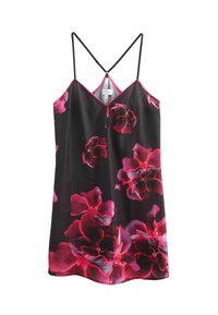 Sort slipkjole med pink blomsterprint, tynde sorte stropper og en nøglehulldetalje ved halsudskæringen. Glat stof med en afslappet pasform.