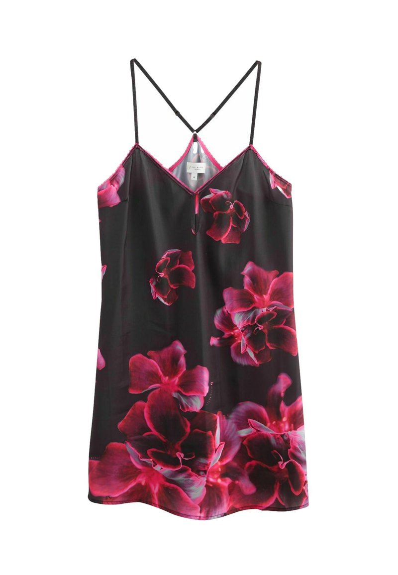 Sort slipkjole med pink blomsterprint, tynde sorte stropper og en nøglehulldetalje ved halsudskæringen. Glat stof med en afslappet pasform.