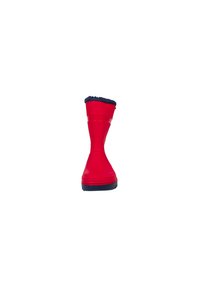 Bottillon en caoutchouc rouge au design effilé, avec un corps texturé et des détails en bleu marine en haut et sur la semelle. Fini lisse avec des accents striés.