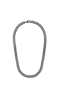 Zilveren en zwarte ketting met schakels die in elkaar grijpen, een gladde metalen textuur en een sluiting. De ketting heeft een lengte van ongeveer 60 cm.