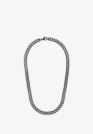 Srebrno-czarny łańcuszek z ogniwami połączonymi ze sobą, gładką metaliczną fakturą i zapięciem. Ma długość około 60 cm.