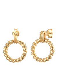Orecchini a cerchio color oro con un design attorcigliato, caratterizzati da una superficie liscia e una chiusura a morsetto. Metallico resistente con finitura lucida.