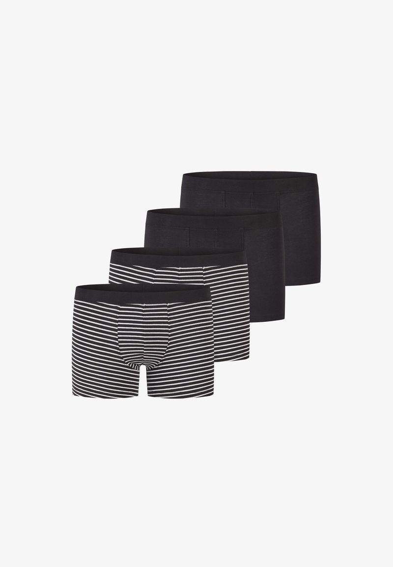 Quatre boxers pour hommes, deux unis noirs et deux noirs avec des rayures horizontales blanches, disposés en rangée décalée.