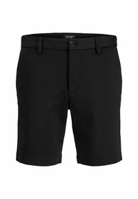 Shorts noirs avec devant plat, fermeture à bouton et passants pour ceinture. Confectionnés dans un tissu lisse avec des lignes épurées, sans motifs ni accents visibles.