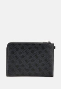 Black zippered wallet made of textured material, featuring a subtle pattern of diamonds and logos, with a smooth finish and sleek edges.