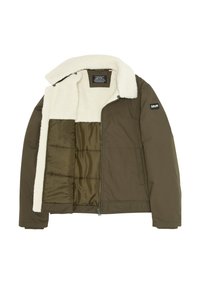 Oliwkowo-zielona kurtka puchowa z puszystym białym kołnierzem, z pikowaną podszewką i naszywką z logo na rękawie. Zamykana na zamek błyskawiczny z przodu.