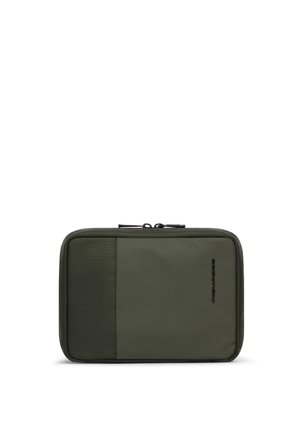 Compact rectangular olive green pouch with textured left panel, smooth right panel, and black zipper on top.
