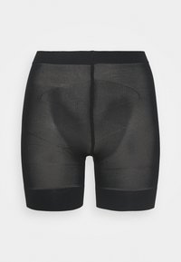 Svarta formar shorts tillverkade av genomskinligt material, med en slät midjeband och sömlös design, med knälång klippning och subtil struktur.
