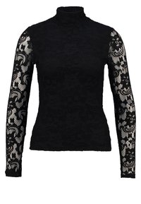 Top negro de manga larga con cuello alto, que presenta un cuerpo liso y mangas de encaje transparente con patrones florales y un acabado texturizado.