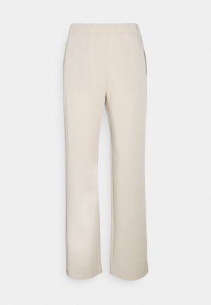 Pantalon beige à jambes droites avec taille élastique et poches latérales, présenté sur un fond clair uni.