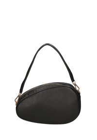 Borsa a tracolla in pelle nera con forma arrotondata e allungata, dotata di una sola tracolla e una cerniera in tonalità oro lungo la parte superiore per la chiusura.