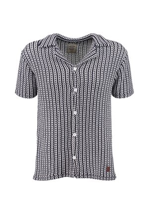 Kurzärmliges, schwarz-weiß gemustertes Hemd mit Knopfleiste, Kragen und fünf weißen Knöpfen.