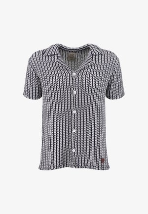 Kurzärmliges, schwarz-weiß gemustertes Hemd mit Knopfleiste, Kragen und fünf weißen Knöpfen.