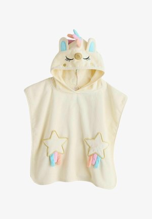 Kapuzentuch aus weichem, cremefarbenem Fleece mit Sternentaschen. Mit Einhorn-Design, blauen Ohren, pastellfarbenem Mähnen und gestickten Details.