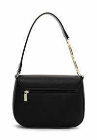 Black leather handbag with a textured finish, curved shape, gold hardware accents, and a zippered front pocket. Adjustable shoulder strap.