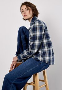 Blue and white plaid flannel shirt with a loose fit, paired with dark blue wide-leg jeans, seated on a wooden stool.