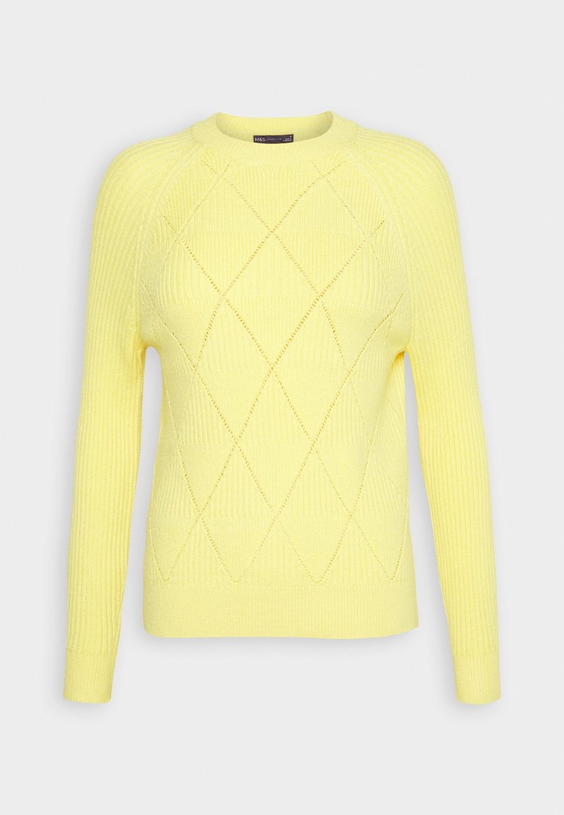 Pull jaune à manches longues en tricot avec texture à motif losange, poignets et ourlet côtelés, col rond.