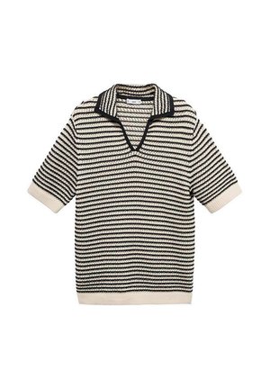 Maglione a maniche corte a righe in crema e nero, con scollatura a V e texture a coste. Le righe sono equamente distanziate.