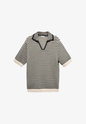 Striped short-sleeve sweater in cream and black, featuring a V-neckline and ribbed texture. The stripes are evenly spaced.