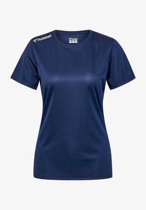 Marineblauw Hummel sport t-shirt, korte mouwen, ronde halslijn, gestructureerde stof, met een logo op de linkerschouder.