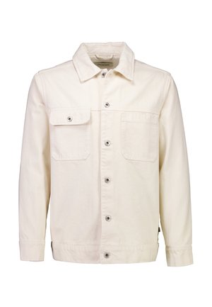 Giacca di denim color avorio con maniche lunghe, chiusura con bottoni frontale, due tasche sul petto, una con patta e chiusura a bottone.