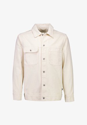 Giacca di denim color avorio con maniche lunghe, chiusura con bottoni frontale, due tasche sul petto, una con patta e chiusura a bottone.