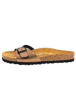 Brown slide sandal featuring a single buckle, cork footbed, black rubber sole, and soft suede-like upper with a smooth texture.