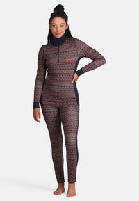 Langärmliger Bodysuit in gemustertem Bordeauxrot, Marineblau und Creme mit einem halben Reißverschlusskragen und seitlichen Einsätzen für Passform und Komfort.