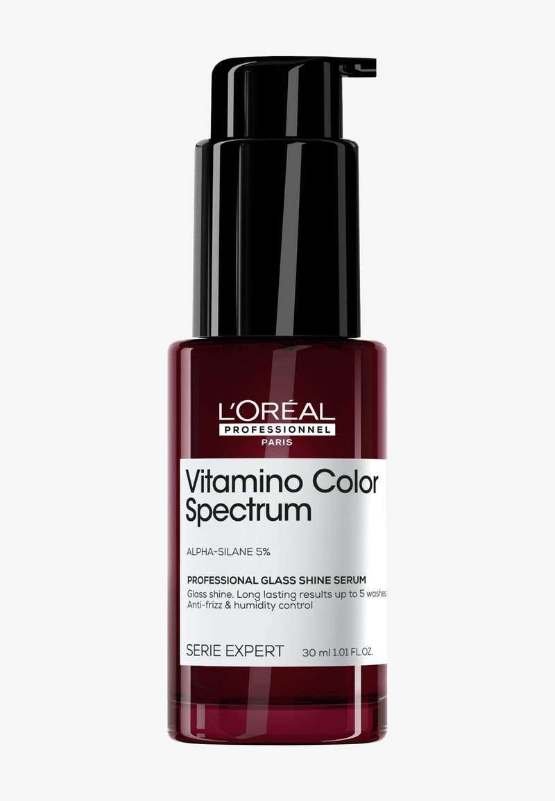Flacon de sérum éclat en verre L'Oreal Professionnel Vitamino Color Spectrum avec pompe, 30 ml, anti-frisottis, contrôle de l'humidité et brillance longue durée.