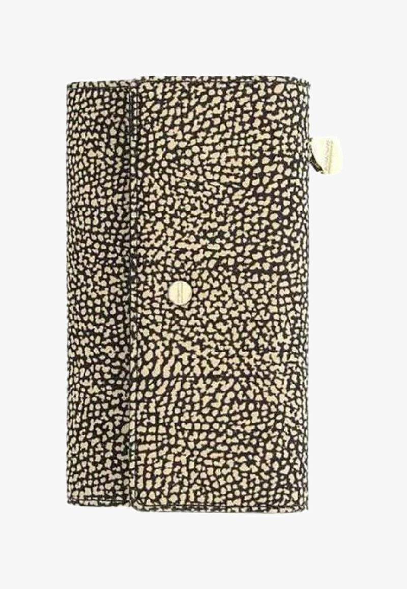 Black and beige textured wallet with a pebbled finish, featuring a snap closure and subtle stitching details. Compact design, rectangular shape.