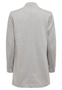 Manteau gris clair, coupe longue avec col, texture lisse, sans motifs visibles. Tissu doux, silhouette droite, vue arrière sans ornements.