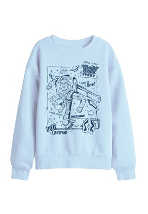 Hellblauer Sweatshirt mit einer schwarzen Linienzeichnung von Buzz Lightyear aus Toy Story, umgeben von Weltraumelementen und Texten wie "Galaktischer Held!" und "Weltraum-Ranger."