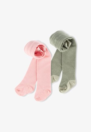 Zwei Paar Strumpfhosen: eine einfarbige in hellrosa, die andere olivgrün mit dünnen Streifen. Beide mit einer weichen Textur und runder Zehenform.