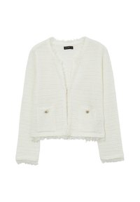 Cardigan bianco corto realizzato in tessuto testurizzato, con scollatura a V, bordi sfrangiati e due tasche frontali con bottoni decorativi.