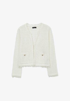 White cropped cardigan made of textured fabric, featuring a v-neck, frayed edges, and two front pockets with decorative buttons.