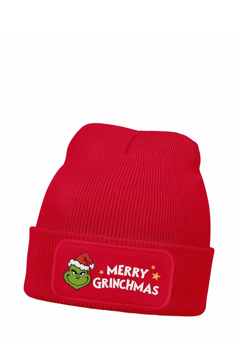 Red knit beanie featuring a cuff, with a patch displaying "Merry Grinchmas" and an illustration of the Grinch wearing a Santa hat.