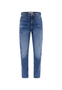 Light blue denim jeans with a straight cut, five-pocket design, and subtle fading. Features a zip fly and metal button closure.