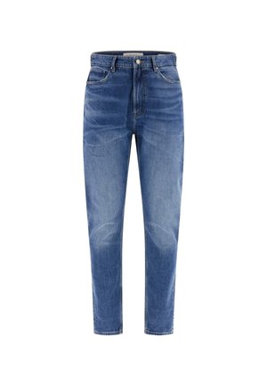 Lichtblauwe denim jeans met een rechte snit, vijf zakken en subtiele vervaging. Voorzien van een ritssluiting en metalen knoopsluiting.