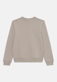 Beige sweatshirt met een ronde hals, ribgebreide boorden en onderrand. Vlotte textuur, minimale stikseldetails en geen grafische elementen of versieringen.