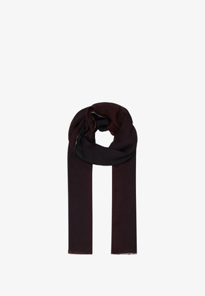 Bordeaux sjaal met een zachte textuur, met een effen ontwerp en franjes aan de uiteinden. De binnenvoering is zwart, wat contrasteert met de buitenkleur.