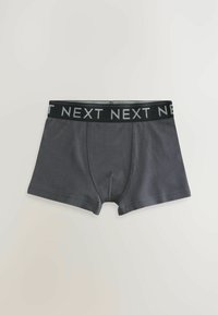 Grå boxershorts gjorda av mjukt tyg, med en svart elastisk midjeband som har upprepande "NEXT"-text. Slät yta med sydda sömmar.