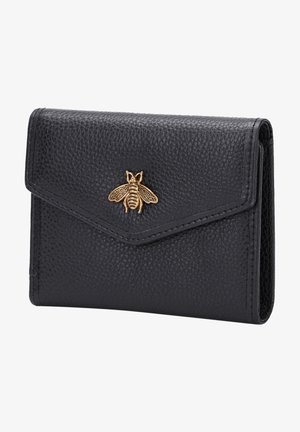 Zwarte leren portemonnee met een gestructureerde afwerking, voorzien van een gouden bij-embleem aan de voorkant en een klep sluiting. Compact en slank ontwerp.
