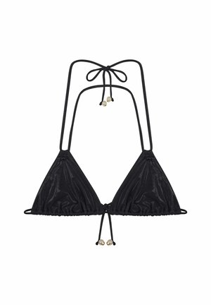 Zwarte driehoekige bikini-top van gestructureerde stof, met verstelbare strikken en parelaccenten aan de uiteinden. Samengeknoopte onderranden.