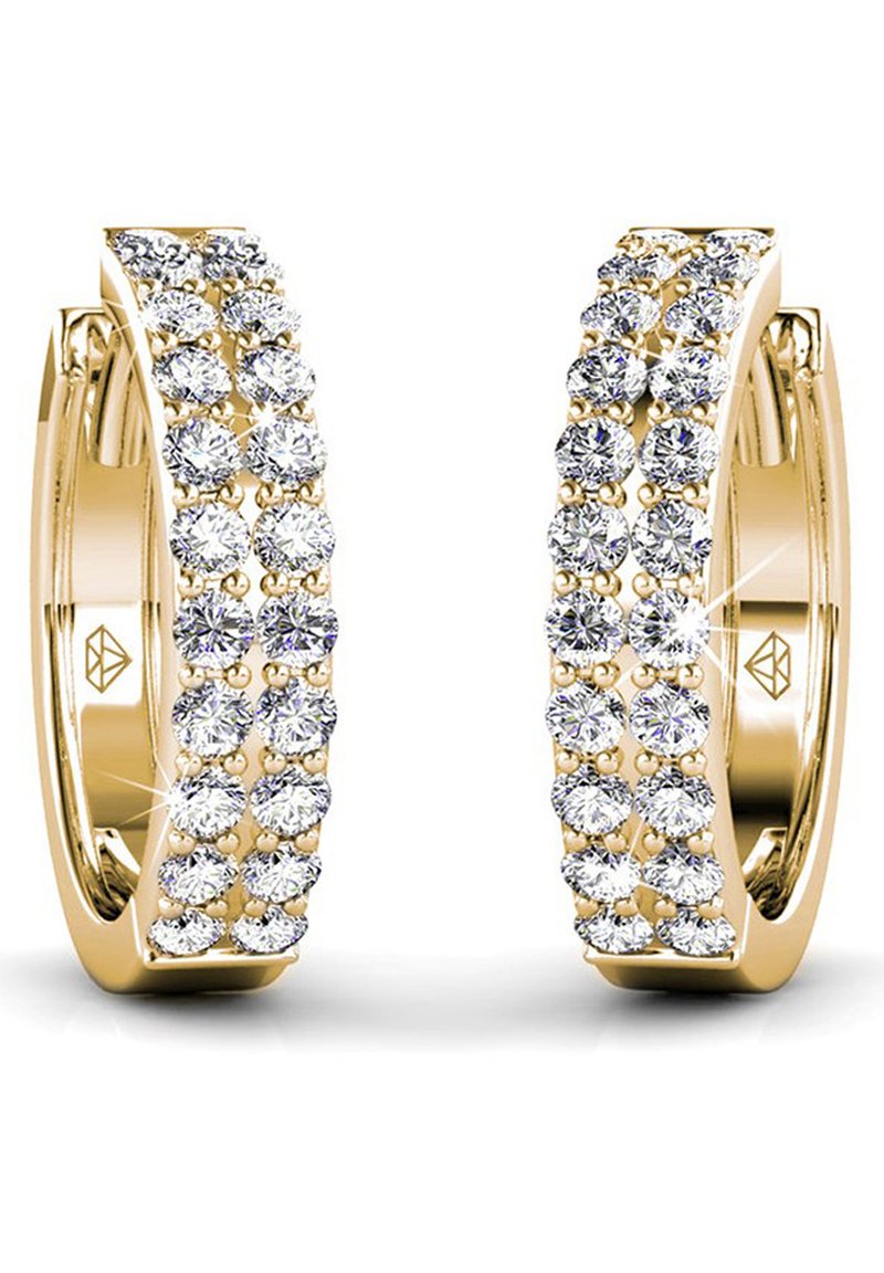 Gouden creolen met een dubbele rij heldere, sprankelende stenen en een slank ontwerp met een gepolijste afwerking.